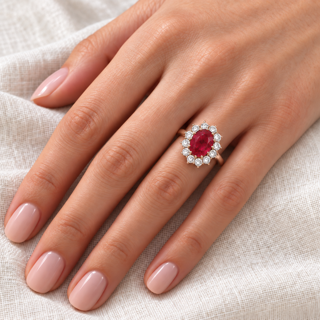 Natural oval ruby and twelve-diamond halo ring in 18k rose gold on left ring finger, ivory-linen closeup