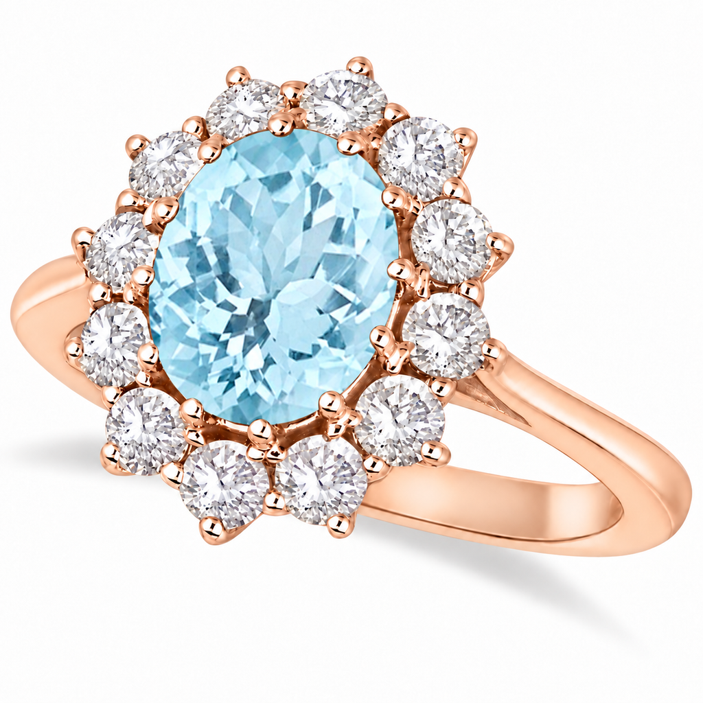 Natural pale blue oval aquamarine and twelve-diamond halo ring in 14k rose gold, main view on neutral white