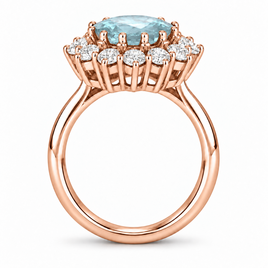 Natural pale blue oval aquamarine and twelve-diamond halo ring in 18k rose gold, true side profile with circular shank and soft gray contact shadow