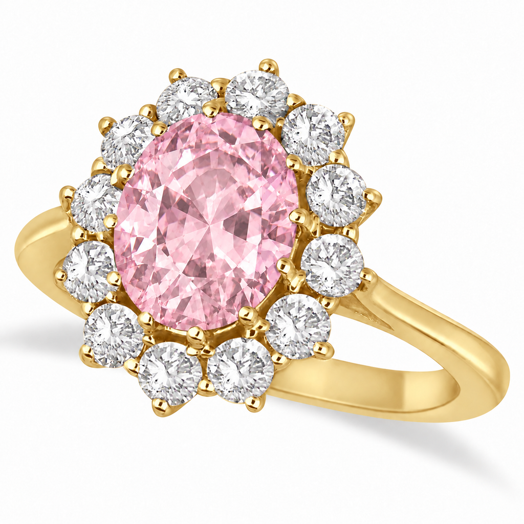 Oval natural pink sapphire and diamond halo ring in 18k yellow gold, main product view