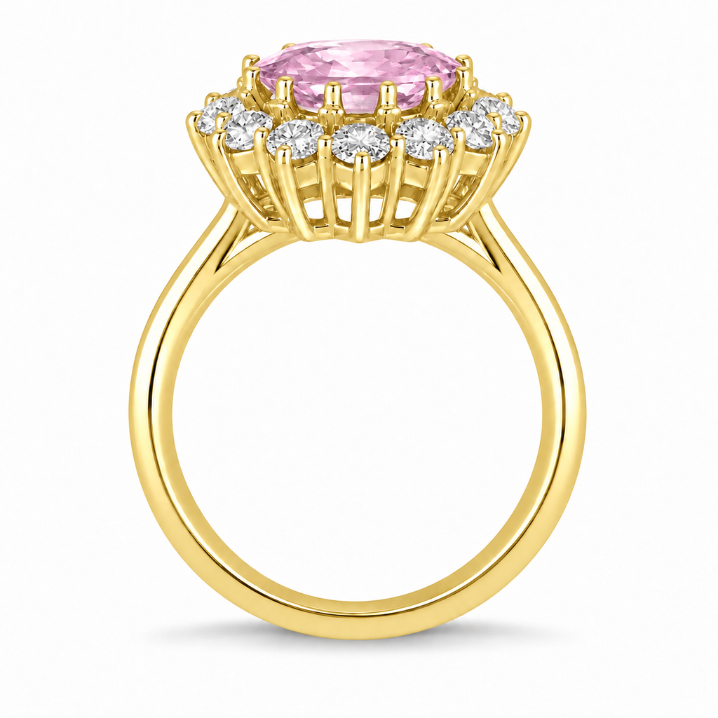 Oval natural pink sapphire and diamond halo ring in 18k yellow gold, true side profile with round shank