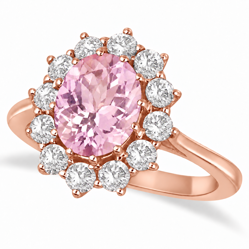 Oval natural pink sapphire and diamond halo ring in 18k rose gold, main product view