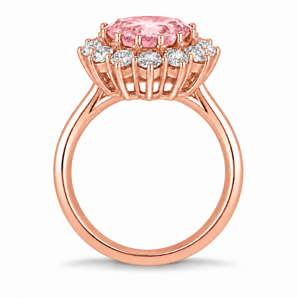 Oval natural pink sapphire and diamond halo ring in 18k rose gold, true side profile with round shank