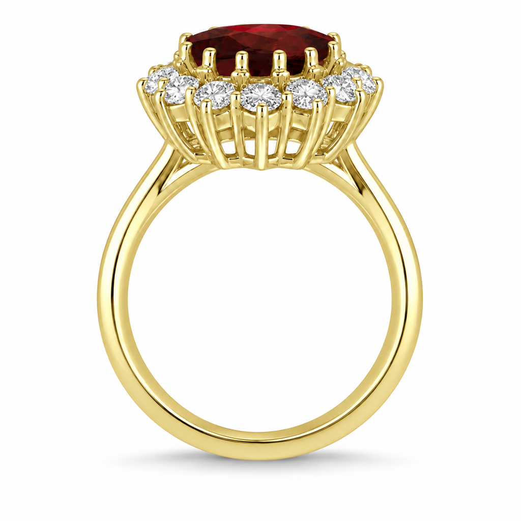 Oval natural garnet and diamond halo ring in 18k yellow gold, true side profile with round shank