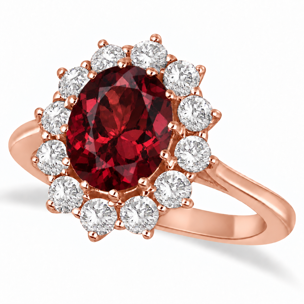 Oval natural garnet and diamond halo ring in 18k rose gold, main product view