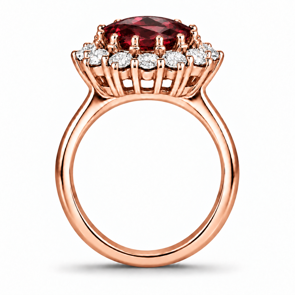 Natural deep red garnet 9x7mm oval center and twelve colorless diamond halo ring in 18k rose gold, side view with circular shank and smooth inner band