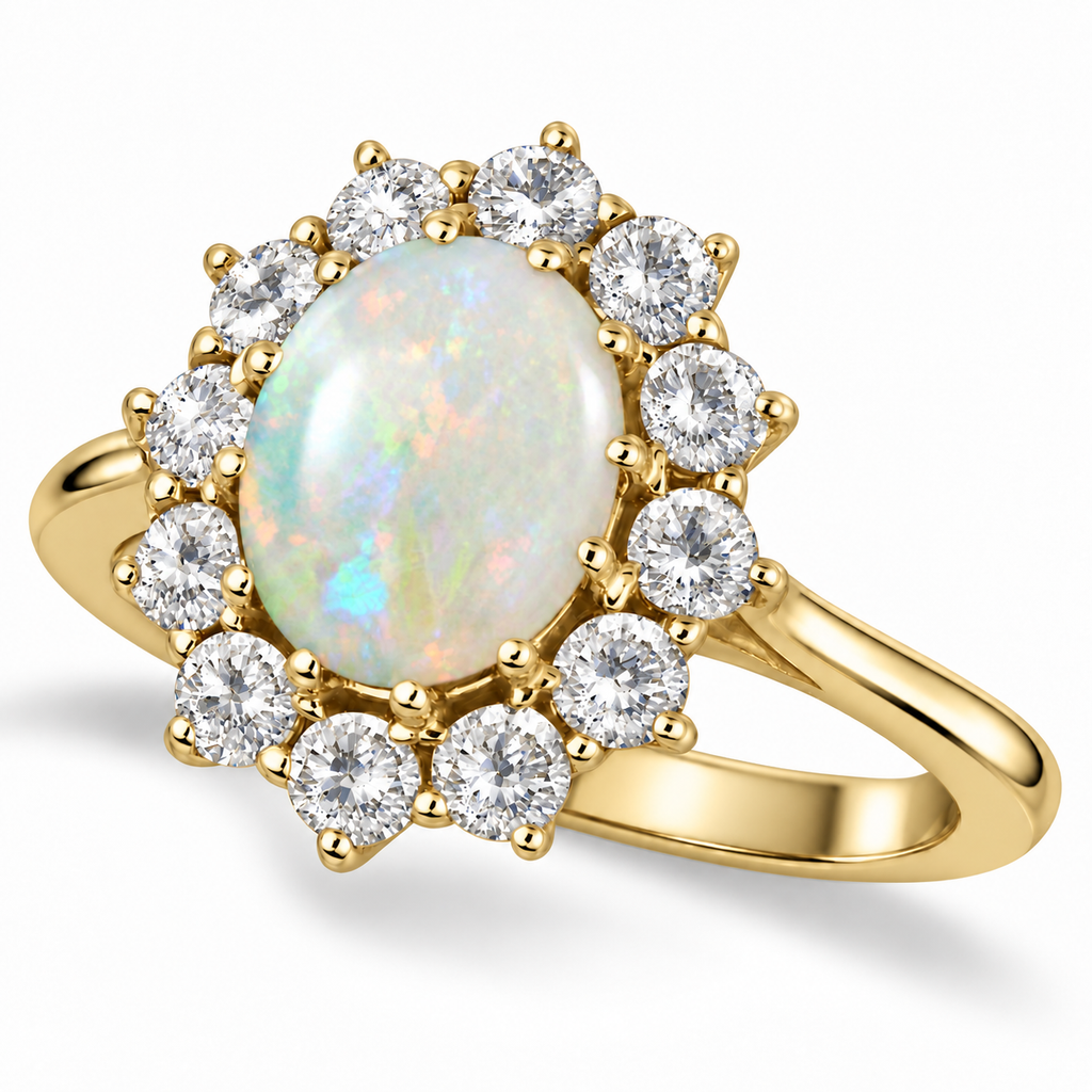 Oval natural opal and twelve-diamond halo ring in 14K yellow gold, realistic main view
