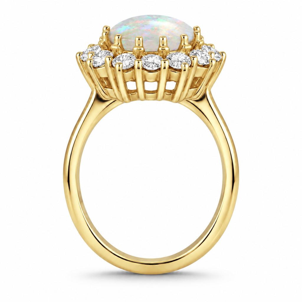 Yellow-gold opal halo ring true side view showing original open basket and soft contact shadow