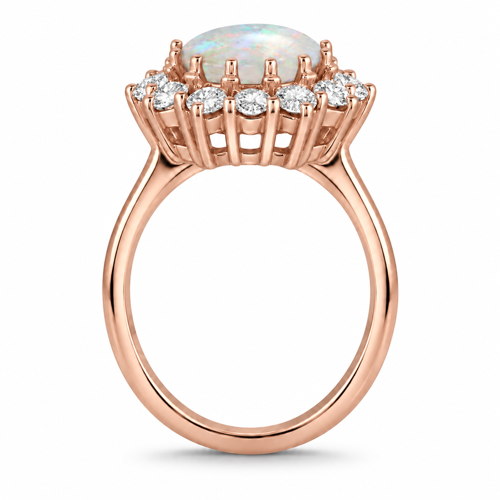 Rose-gold opal halo ring true side profile showing original open basket and contact shadow