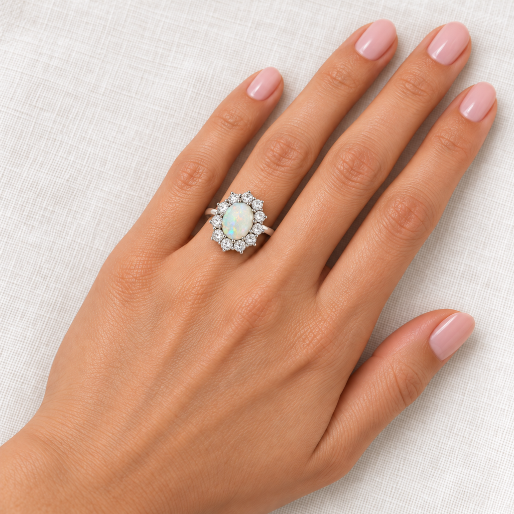 Natural 9 x 7 mm smooth Australian opal and twelve-diamond Lady Diana halo ring in 18k white gold, aligned lengthwise at base of left ring finger over ivory linen