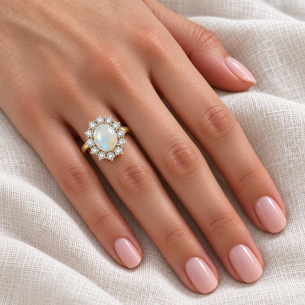 18k yellow gold opal halo ring on left ring finger resting on ivory linen