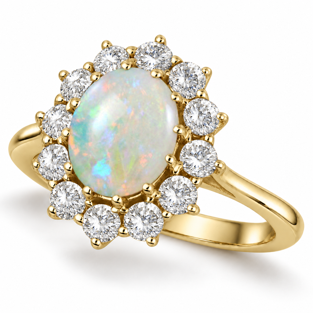 18k yellow gold opal twelve-diamond halo ring main view with contact shadow