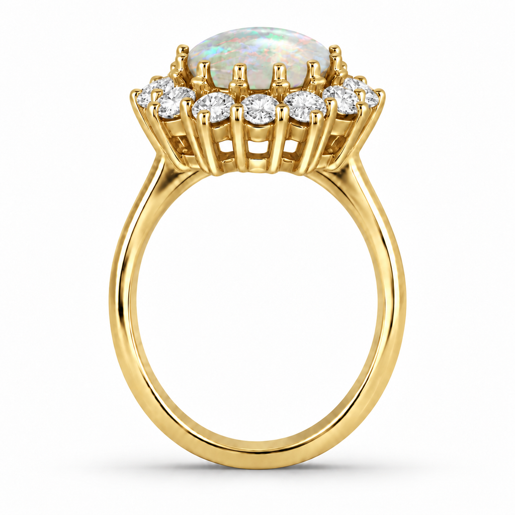 18k yellow gold opal halo ring true open-basket side profile with contact shadow