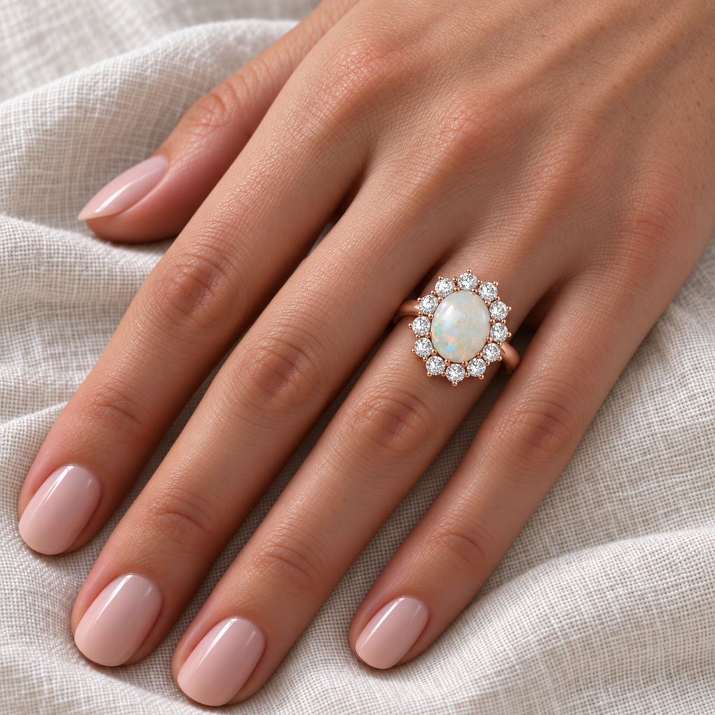 18k rose gold opal halo ring on left ring finger resting on ivory linen