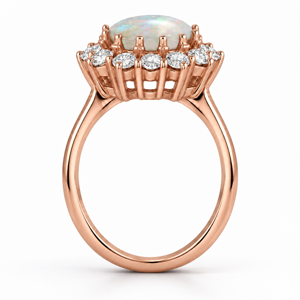 18k rose gold opal halo ring true open-basket side profile with contact shadow