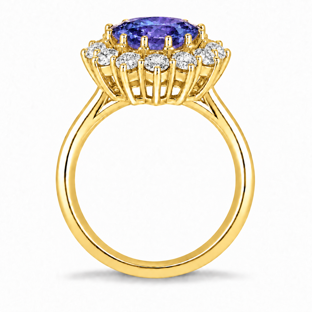Oval natural tanzanite and diamond halo ring in 18k yellow gold, true side profile