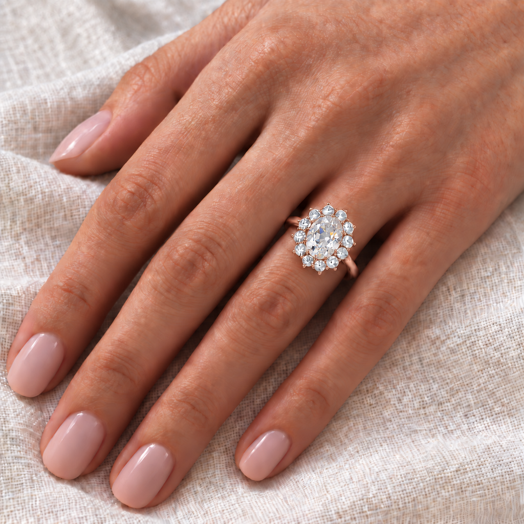 Oval moissanite and 12-diamond halo ring in 18k rose gold on left hand over ivory linen