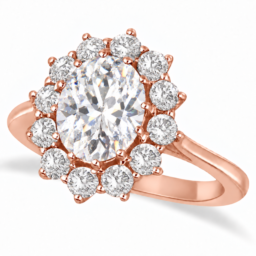 Oval moissanite and diamond halo ring in 18k rose gold, product main