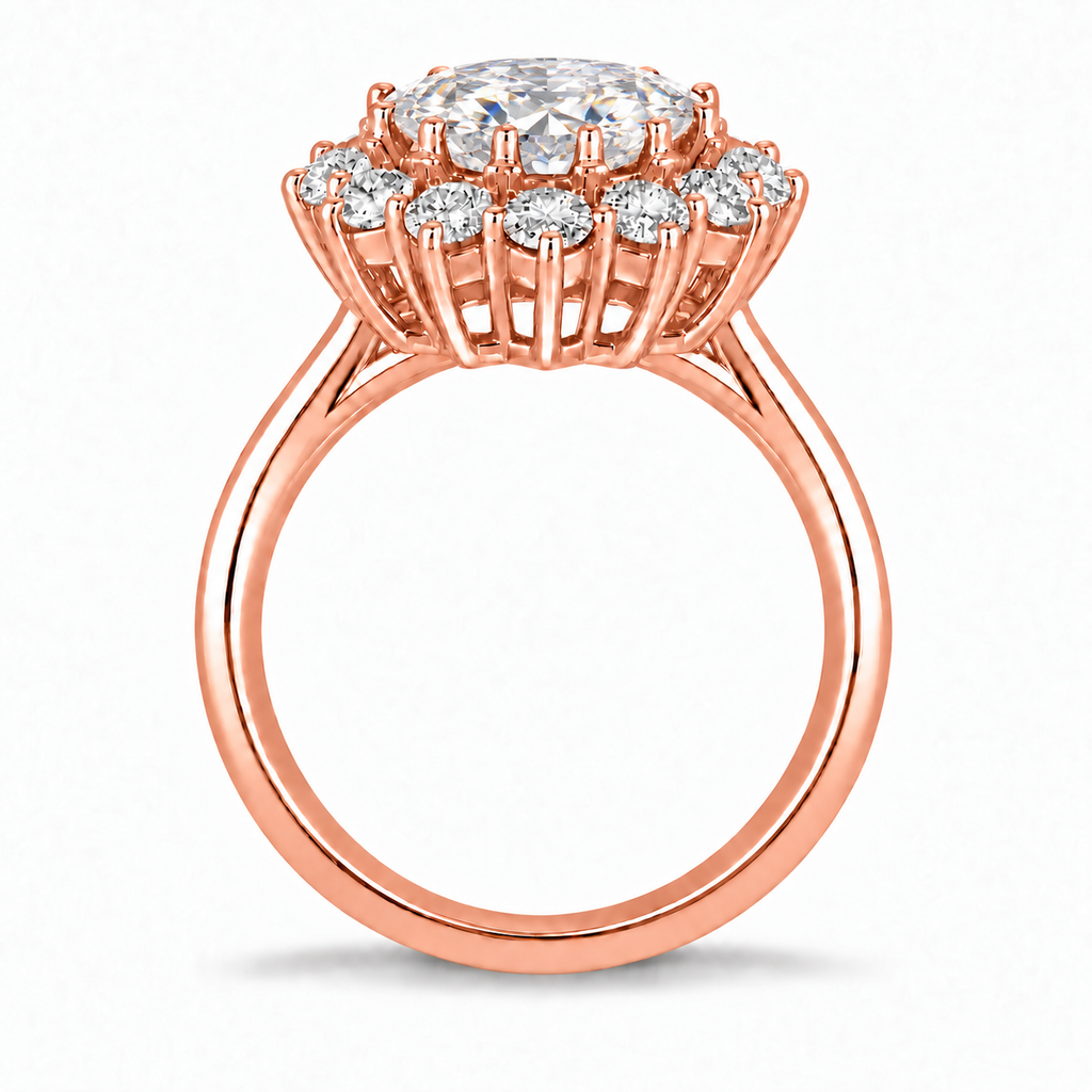 Oval moissanite and 12-diamond halo ring in 18k rose gold, true side profile with circular shank