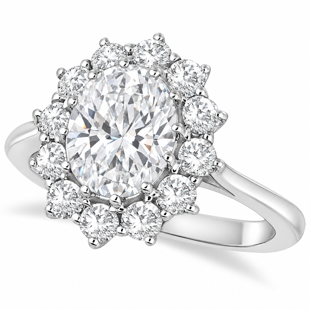 Oval lab-grown diamond and 12-diamond halo ring in 18k white gold on neutral white