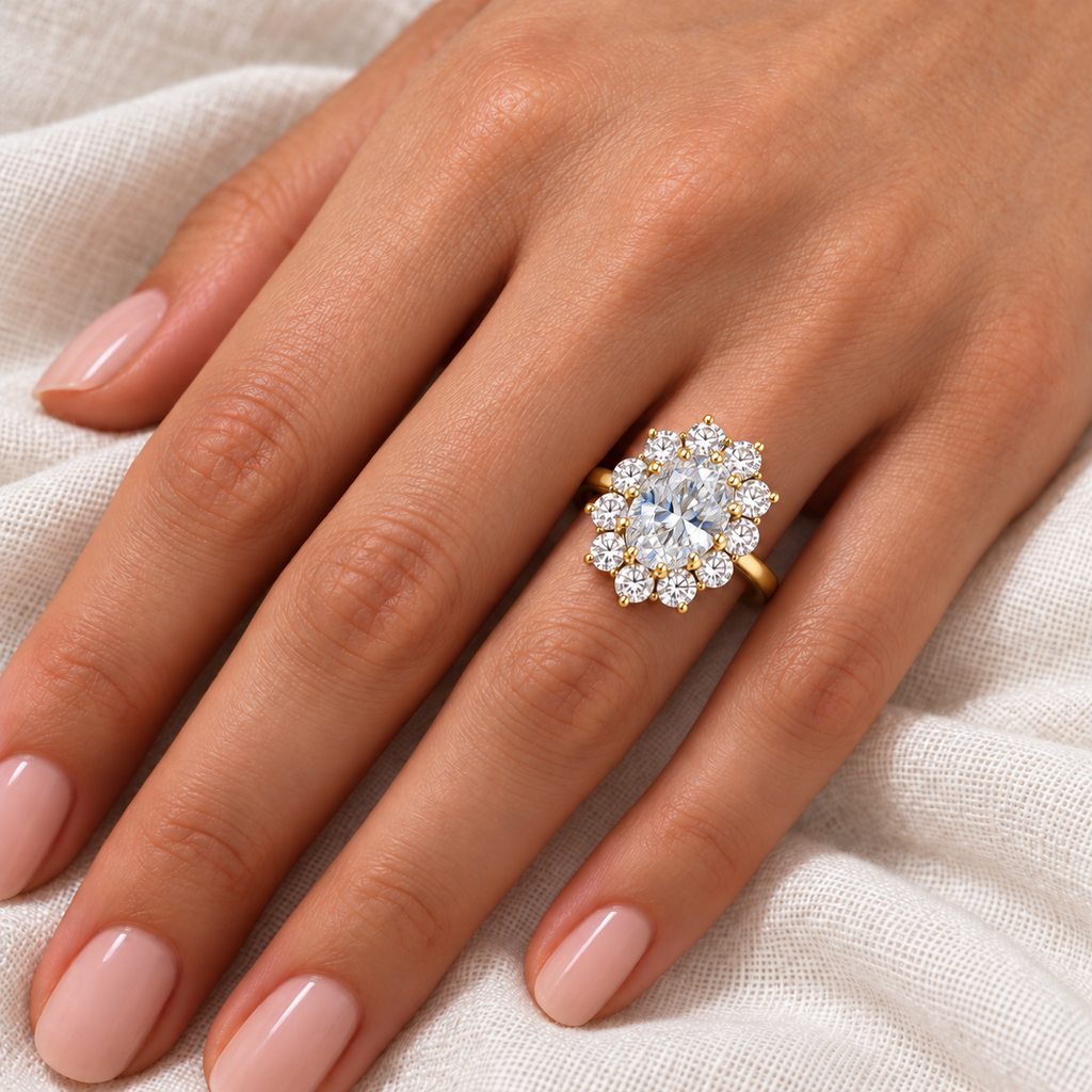 Oval lab-grown diamond and 12-diamond halo ring in 18k yellow gold on the left ring finger against ivory linen