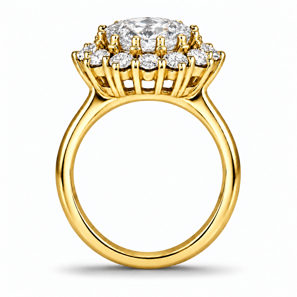 Lab-grown diamond 9x7mm oval center and twelve colorless diamond halo ring in 18k yellow gold, side view with circular shank and smooth inner band