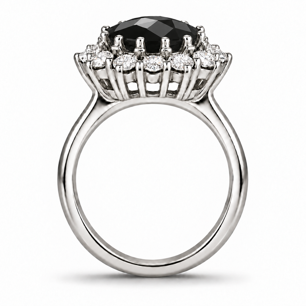 Natural black diamond 9x7mm oval center and twelve colorless diamond halo ring in 18k white gold, side view with circular shank and smooth inner band