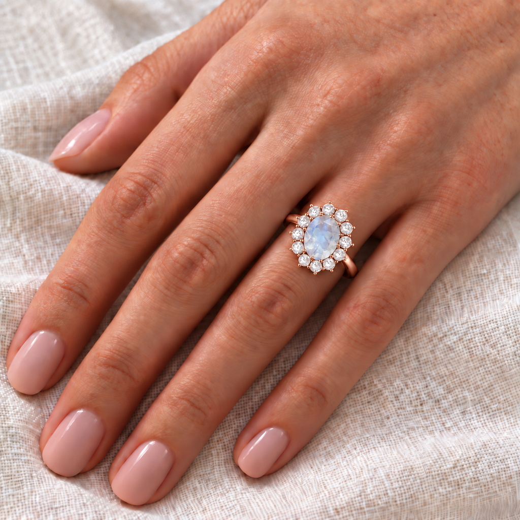 Oval natural rainbow moonstone and 12-diamond halo ring in 18k rose gold on left hand over ivory linen