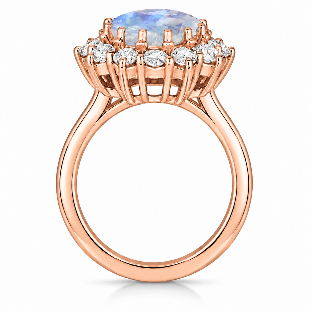 True side profile of oval natural rainbow moonstone and 12-diamond halo ring in 18k rose gold with circular shank