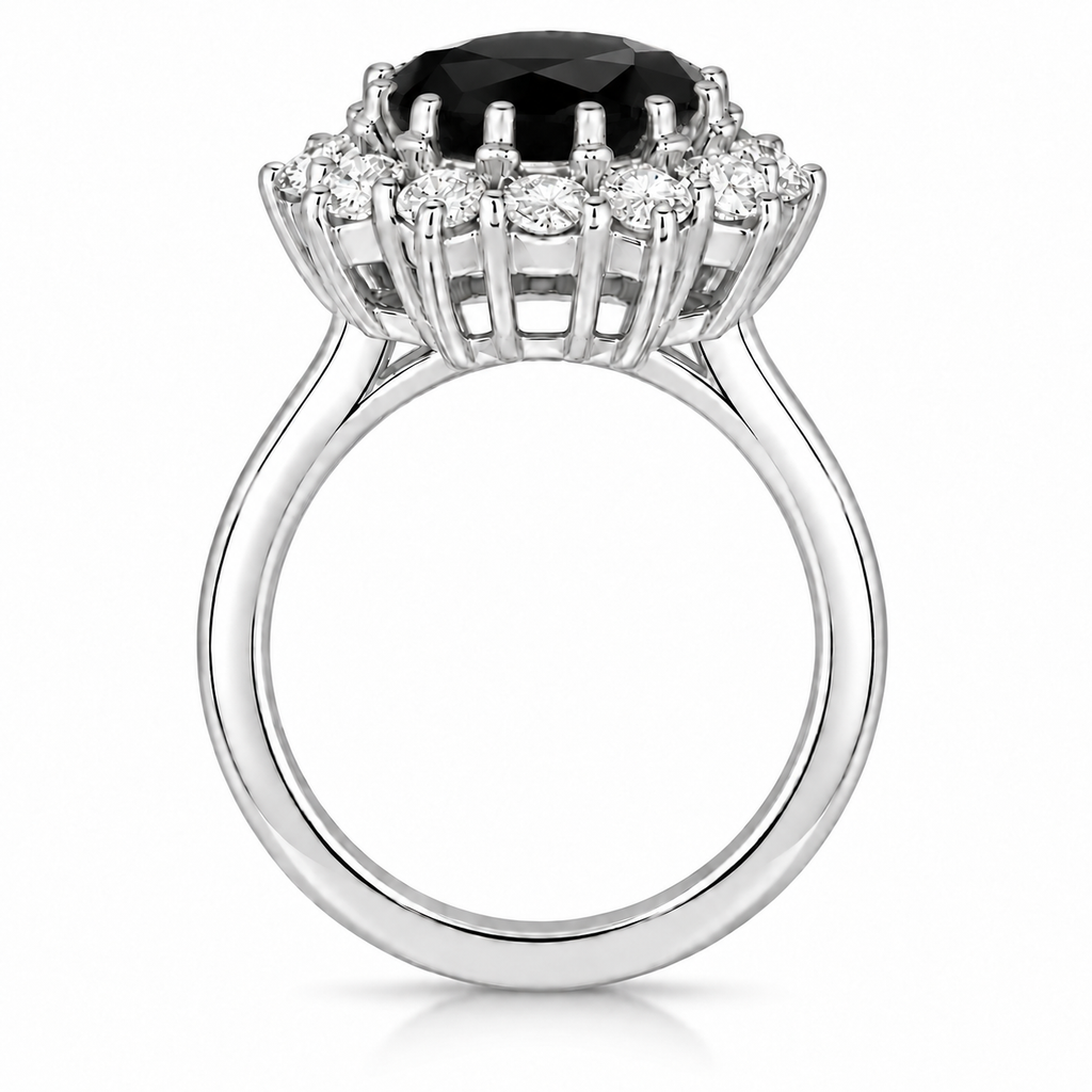 True side profile of oval natural black onyx and 12-diamond halo ring in 18k white gold with circular shank