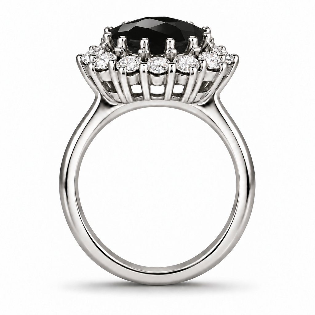 Natural black onyx 9x7mm oval center and twelve colorless diamond halo ring in 18k white gold, side view with circular shank and smooth inner band
