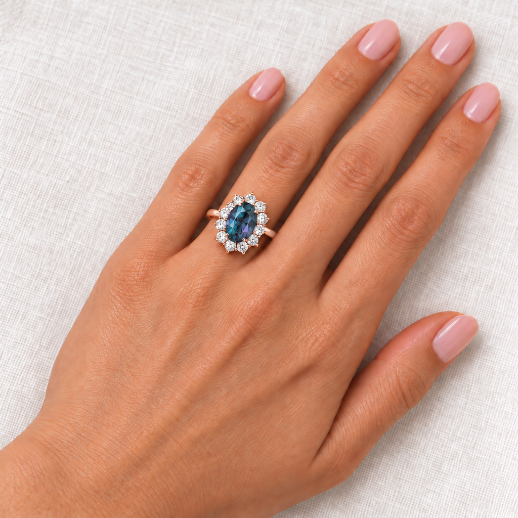 9x7mm oval Lab-created alexandrite and twelve colorless diamond halo ring in 18k rose gold at base of left ring finger aligned toward fingertip, ivory linen closeup