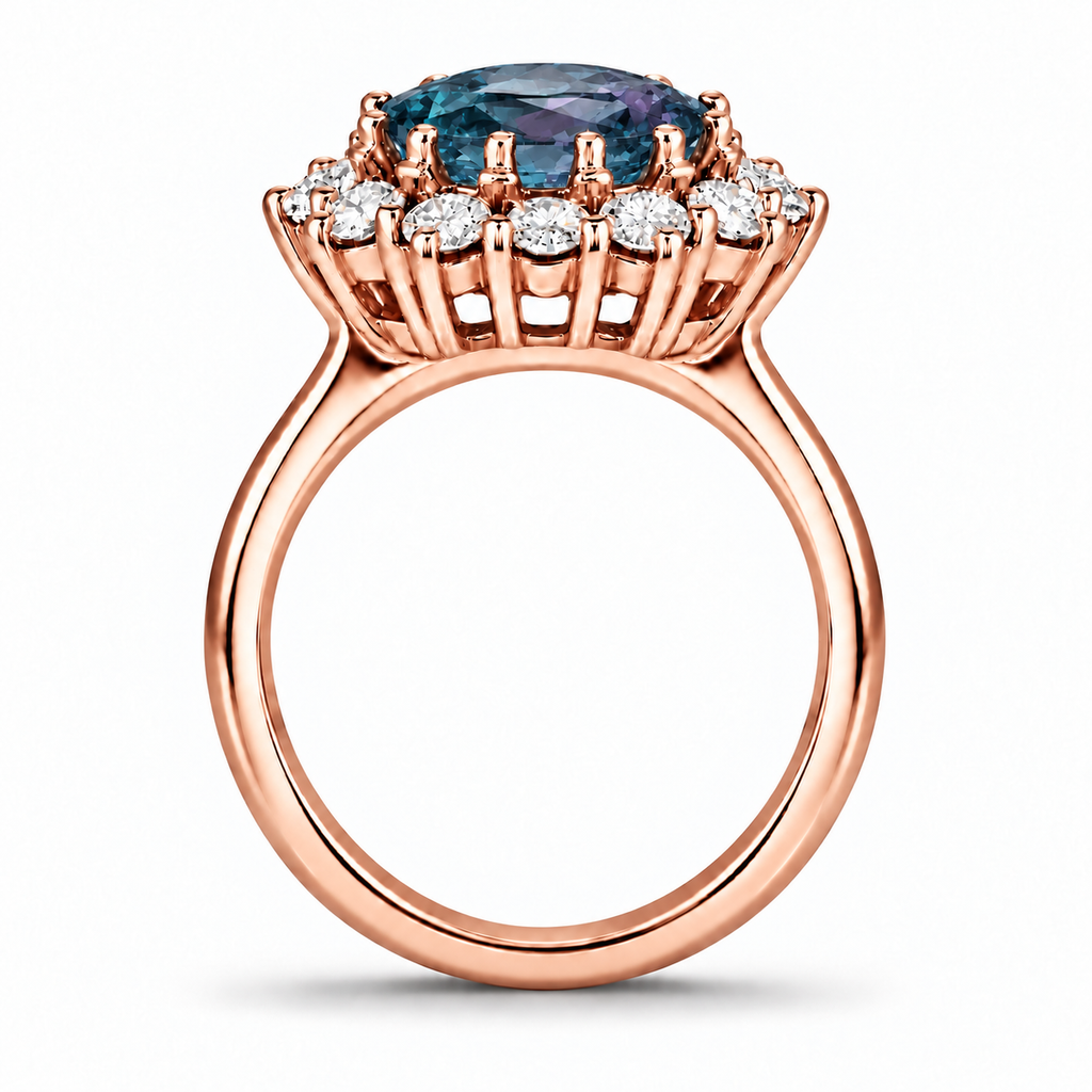 Lab-created alexandrite 9x7mm oval center and twelve colorless diamond halo ring in 18k rose gold, side view with circular shank and smooth inner band