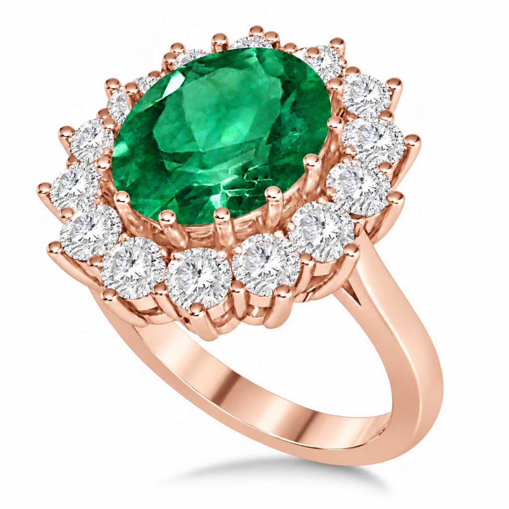 Natural 11x9mm oval emerald and fourteen white diamonds in 18k rose gold, single solid shank, three-quarter product view
