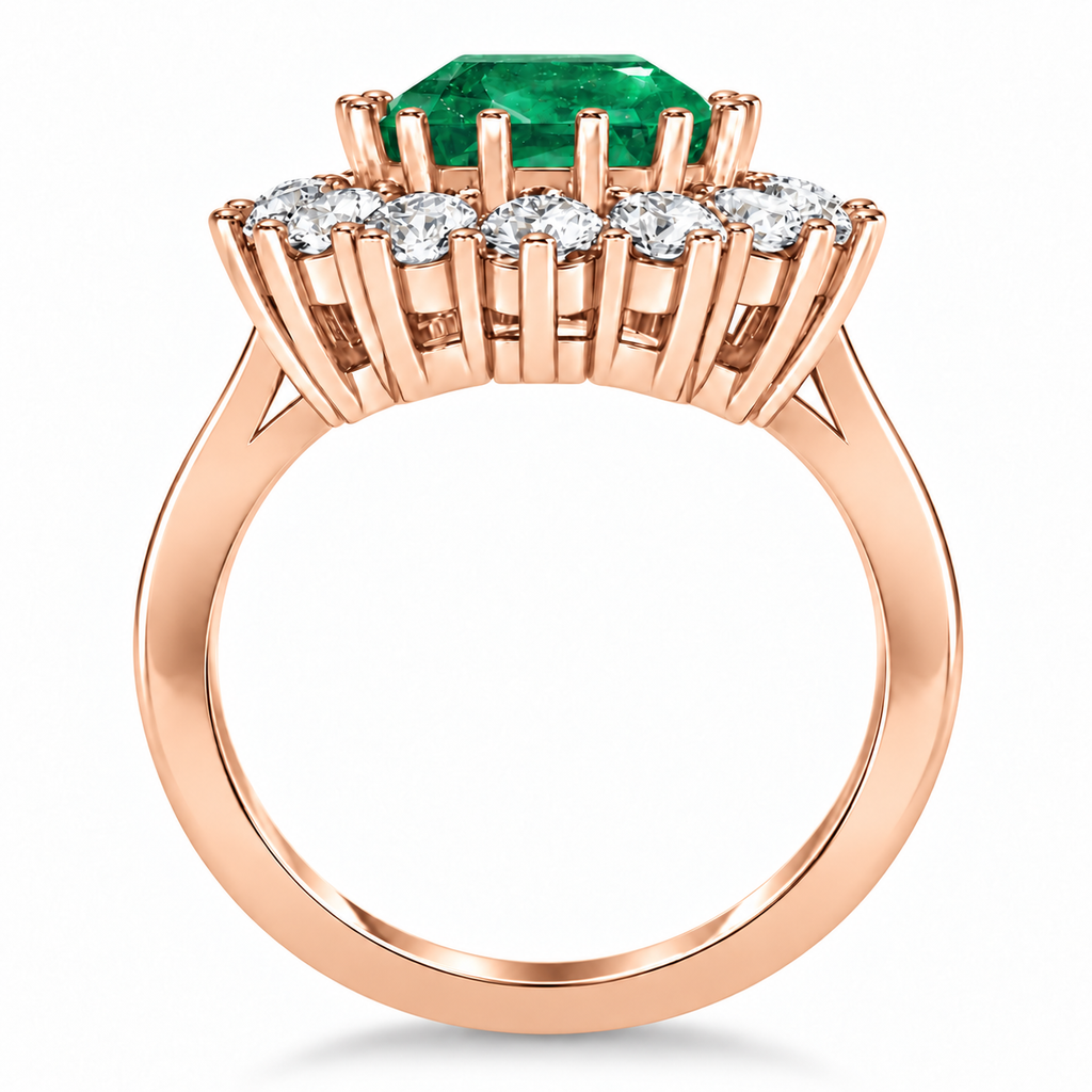 Natural 11x9mm oval emerald and fourteen white diamonds in 18k rose gold, single solid shank, true side profile