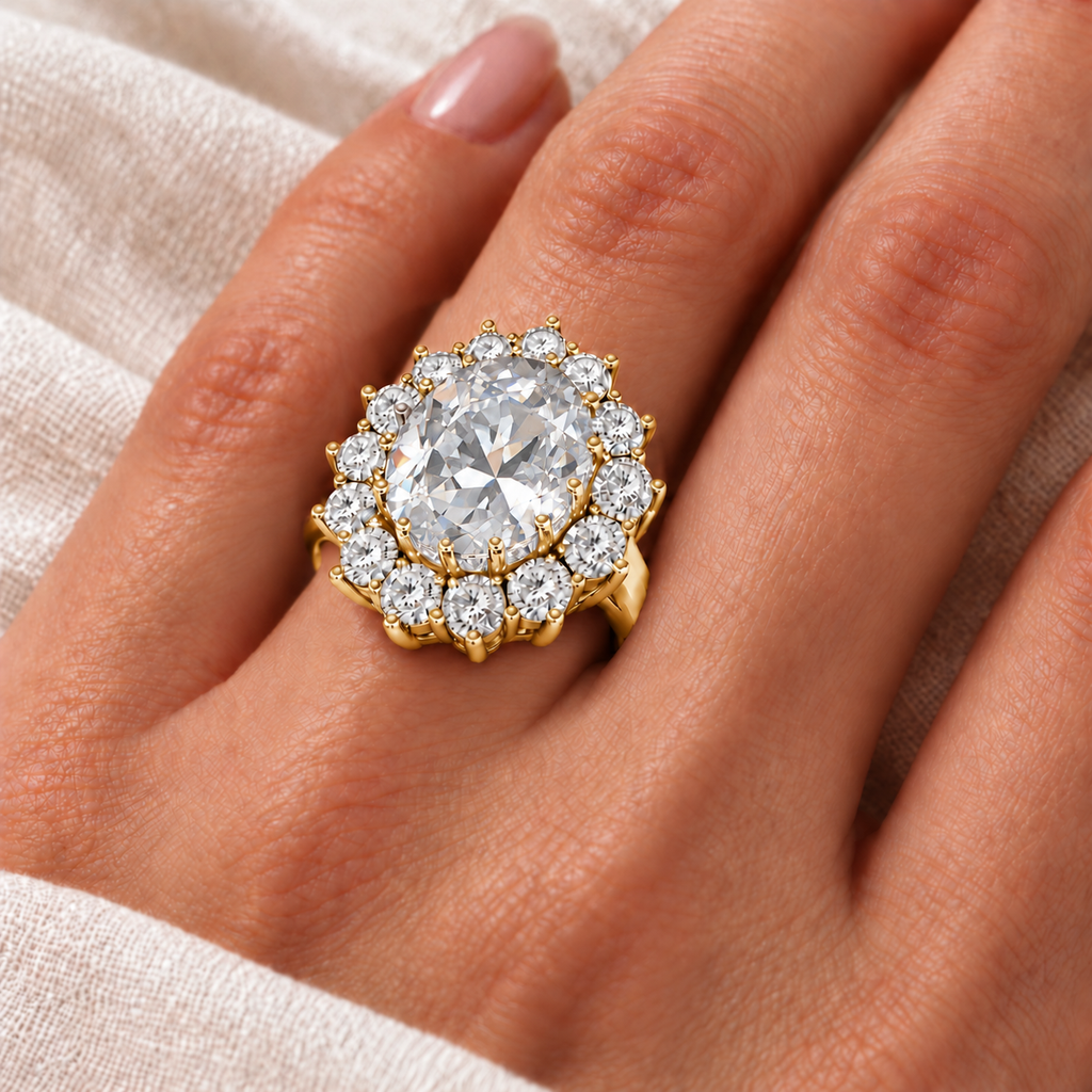 AZ12122 genuine 12x10mm oval moissanite and fourteen diamond halo ring in 18k yellow gold, ivory-linen closeup with the ring aligned at the base of the left ring finger