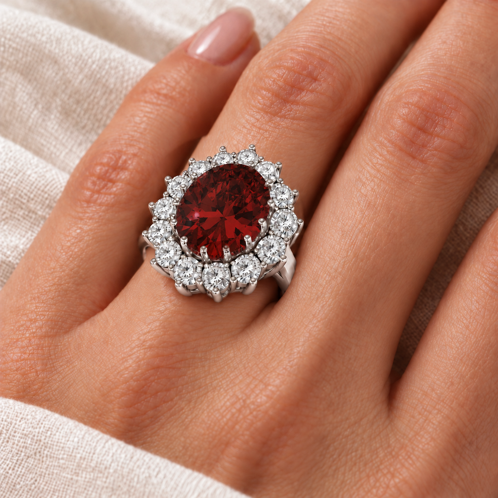 AZ12133 natural 12x10mm oval garnet and fourteen diamond halo ring in 18k white gold, ivory-linen closeup with the ring aligned at the base of the left ring finger
