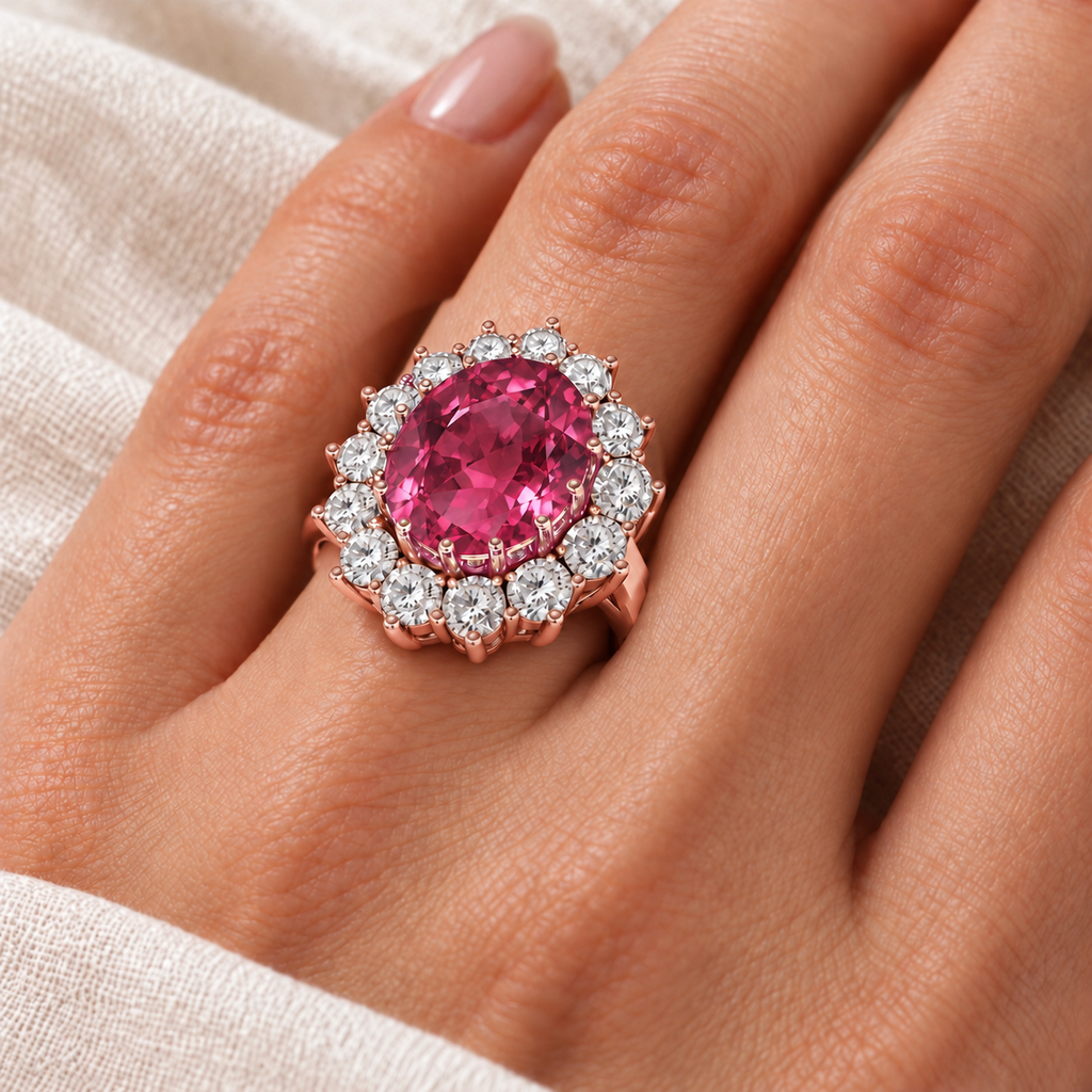 AZ12141 natural 12x10mm oval pink tourmaline and fourteen diamond halo ring in 18k rose gold, ivory-linen closeup with the ring aligned at the base of the left ring finger