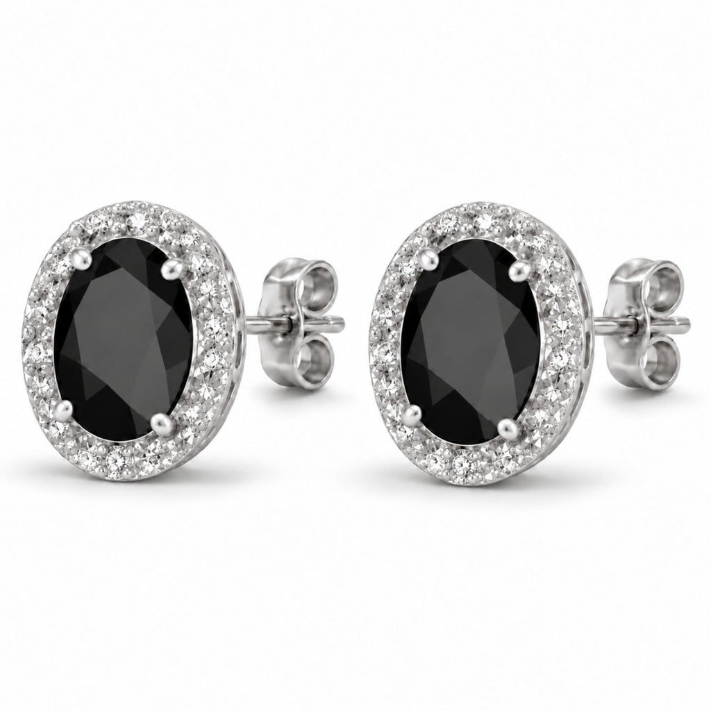 Oval Lab Black Onyx & Lab Diamond Halo Stud Earrings 14K White Gold 6x4mm