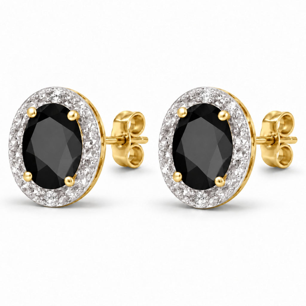 Oval Lab Black Onyx & Lab Diamond Halo Stud Earrings 14K Yellow Gold 6x4mm