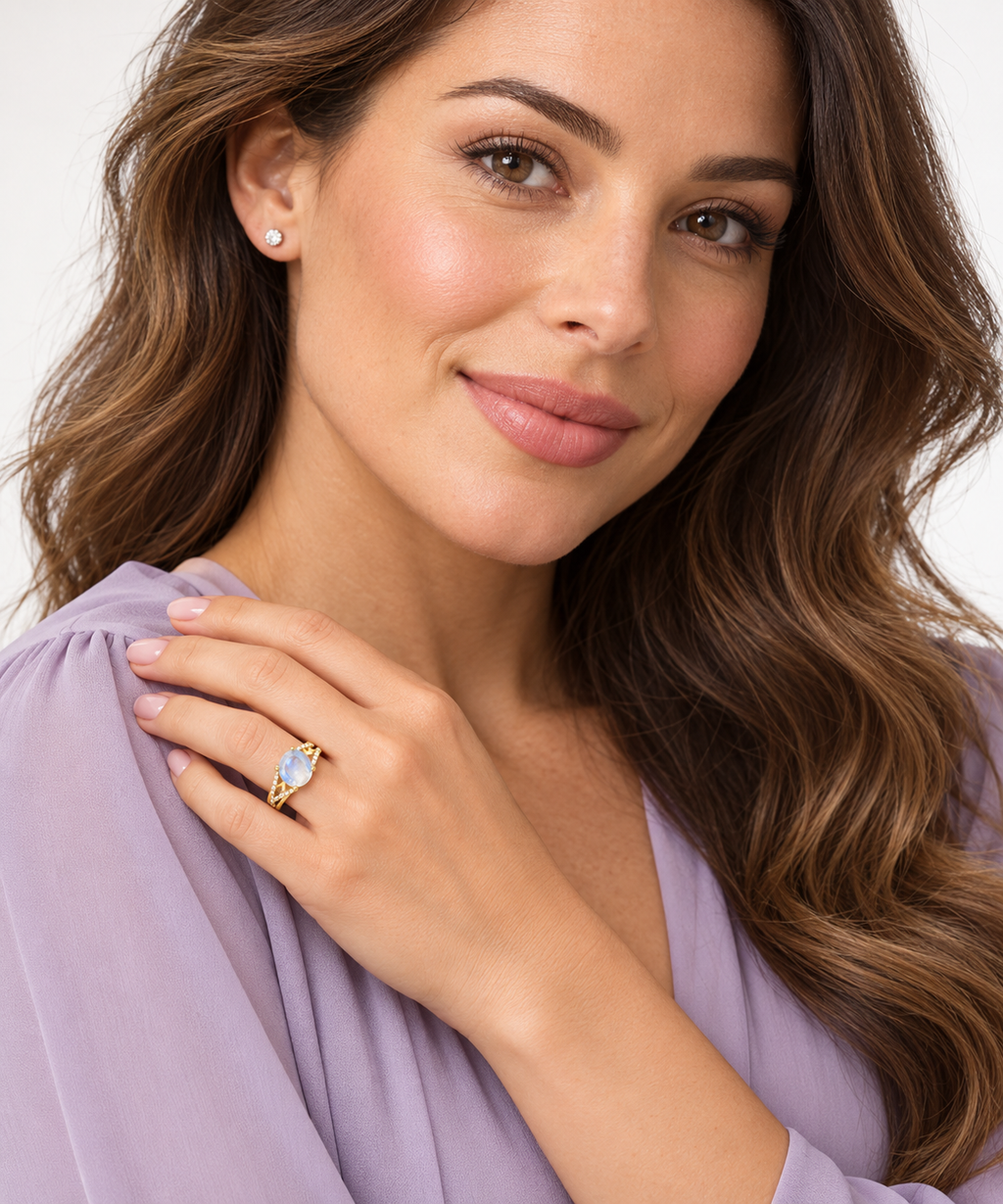 Oval Moonstone and Diamond Cocktail Ring 14K Yellow Gold (1.62tcw) — face-visible studio portrait, ring on left ring finger