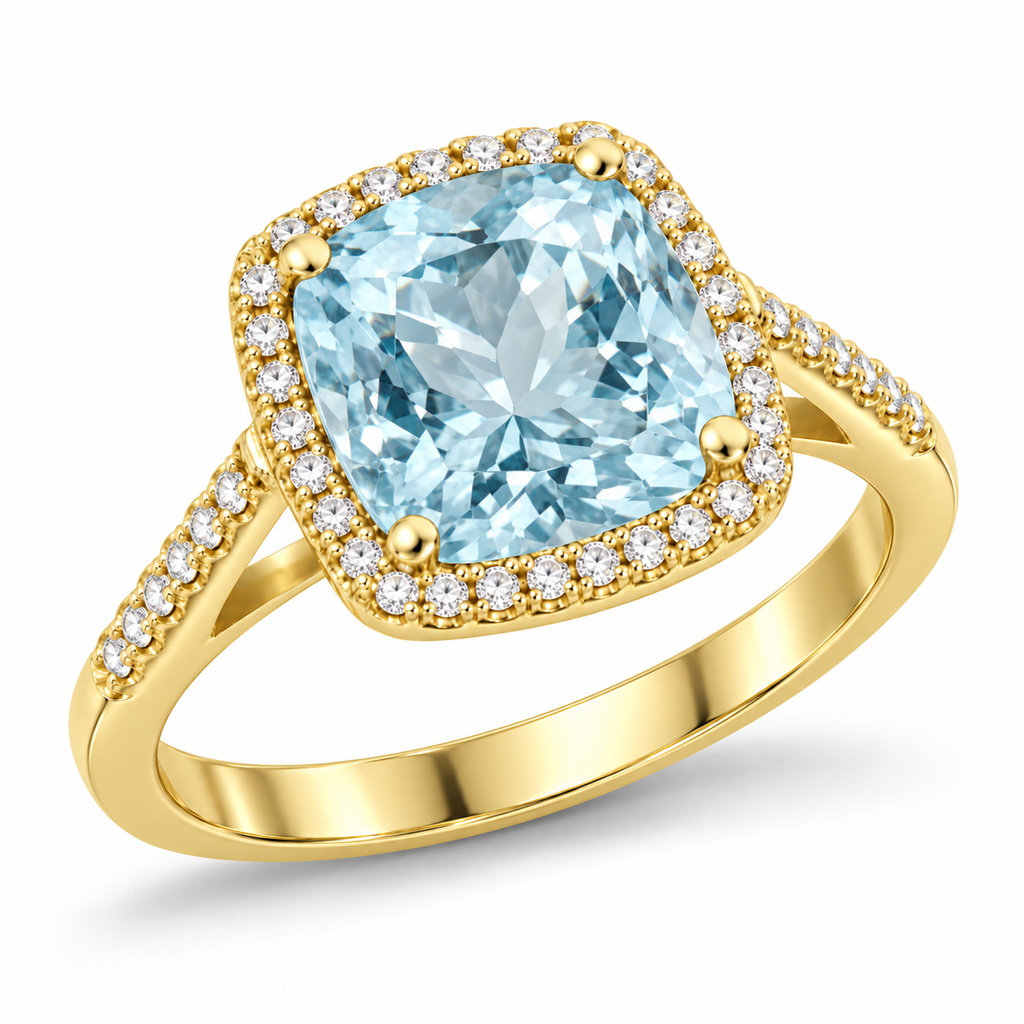 AZ19066 — natural 8mm cushion aquamarine and diamond halo ring in 14K yellow gold, continuous diamond-set shank — main product view