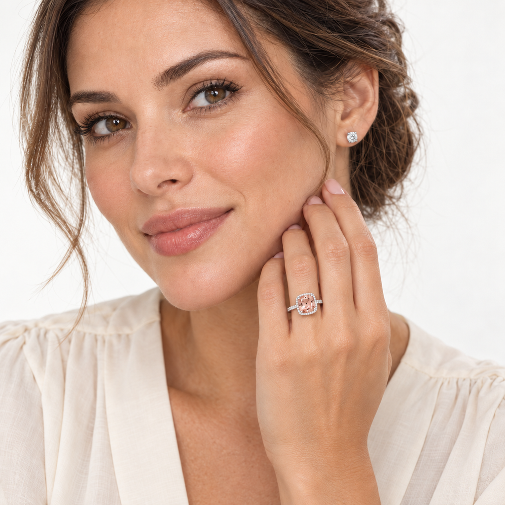 AZ19067 — natural 8mm cushion morganite and diamond halo ring in 14K white gold, continuous diamond-set shank — face-visible near-white studio portrait, left ring finger
