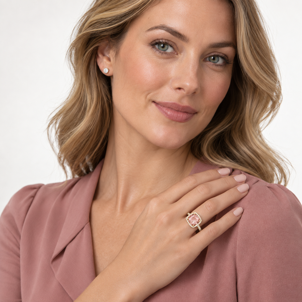 AZ19068 — natural 8mm cushion morganite and diamond halo ring in 14K yellow gold, continuous diamond-set shank — face-visible near-white studio portrait, left ring finger