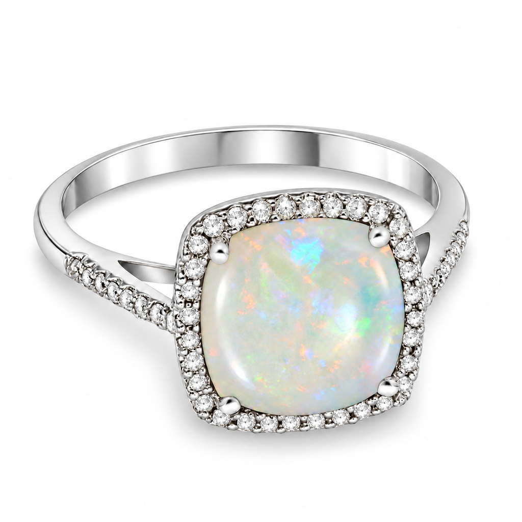 Natural 8mm cushion cabochon opal and diamond halo ring in 14K white gold, 3.70ctw — main product view on white
