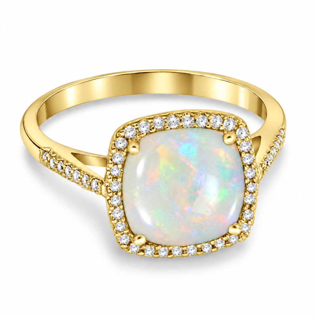 Natural 8mm cushion smooth cabochon white opal and diamond halo ring in 14K yellow gold, 3.70ctw — main product view on white