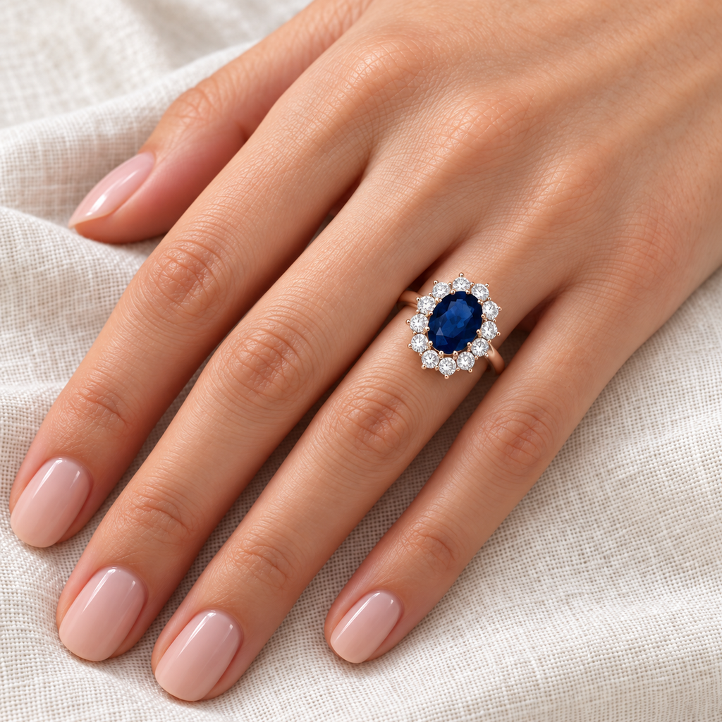 Oval lab-grown blue sapphire and 12 lab-grown diamond halo ring in 14k rose gold on left hand over ivory linen