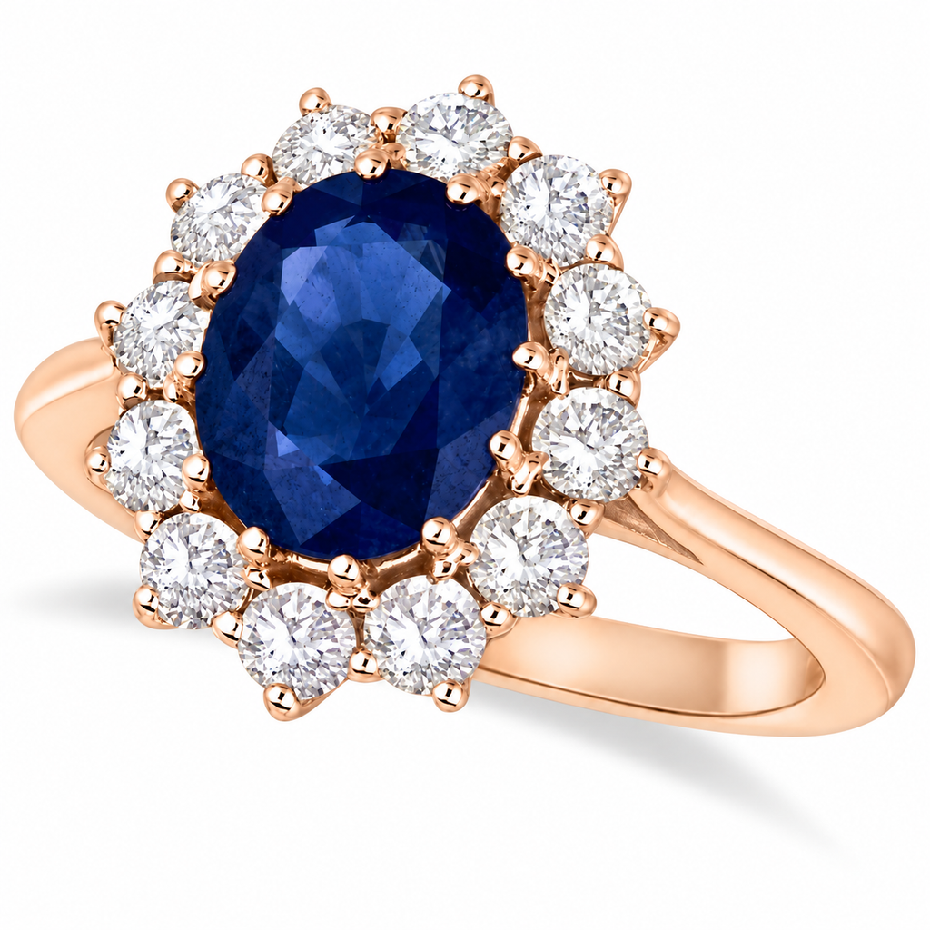 Oval lab-grown blue sapphire and 12 lab-grown diamond halo ring in 14k rose gold on neutral white