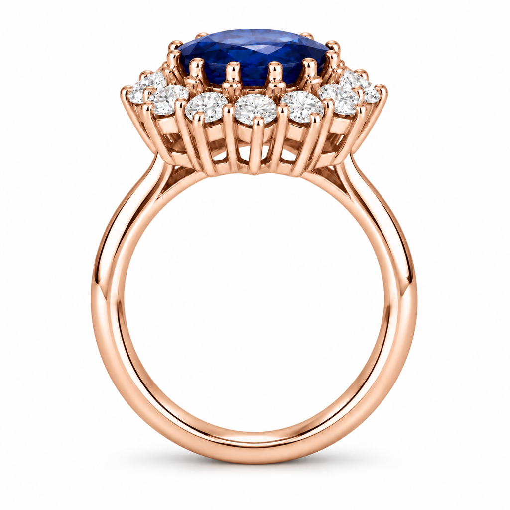 True side profile of oval lab-grown blue sapphire and 12 lab-grown diamond halo ring in 14k rose gold with circular shank