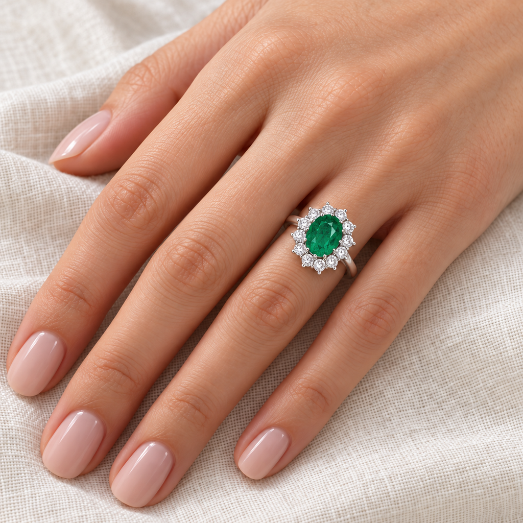 Oval lab-grown emerald and 12 lab-grown diamond halo ring in 14k white gold on left hand over ivory linen
